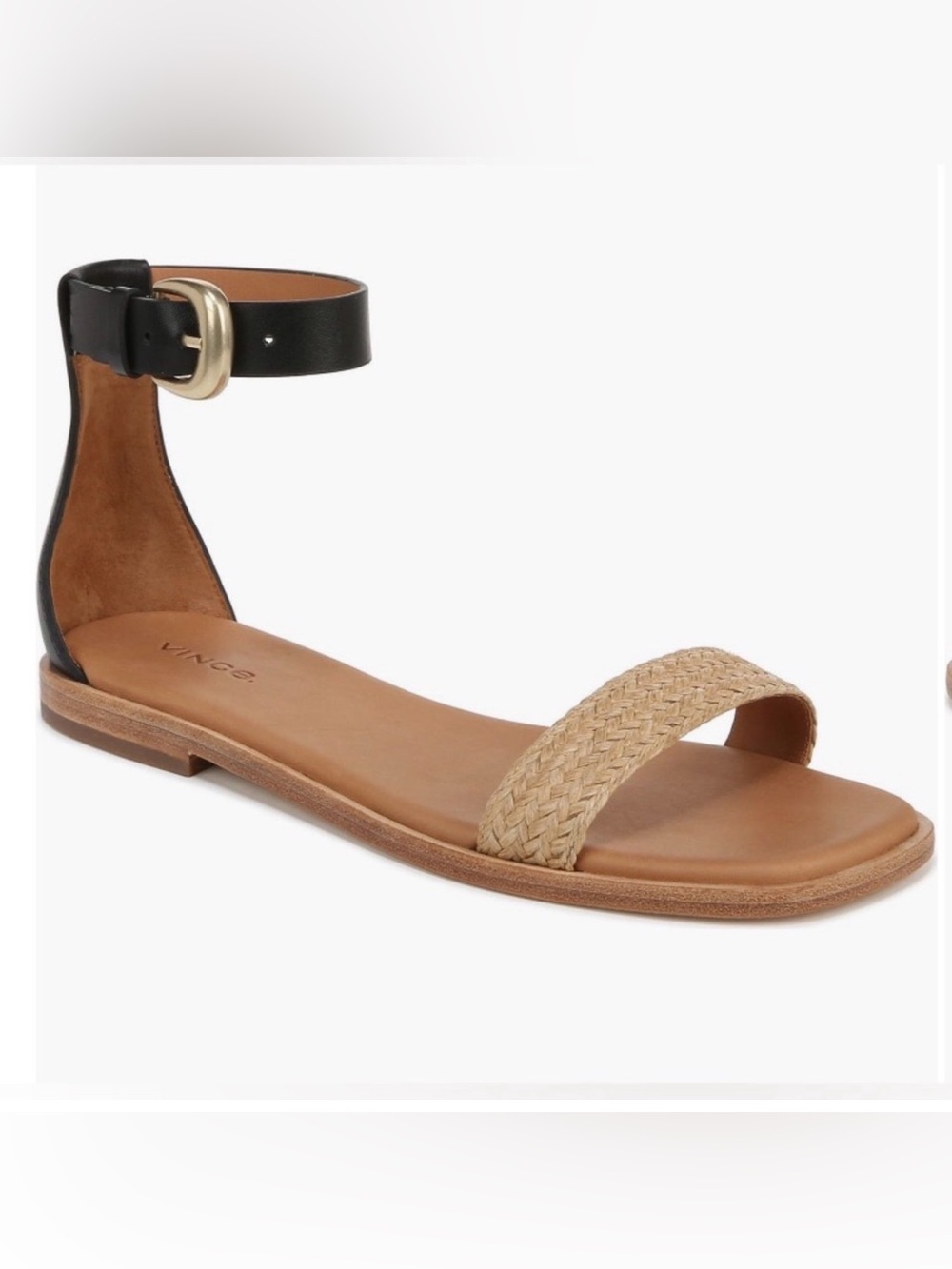 Vince Martina Ankle Strap Flat Sandal Raffia Black Leather Size 6